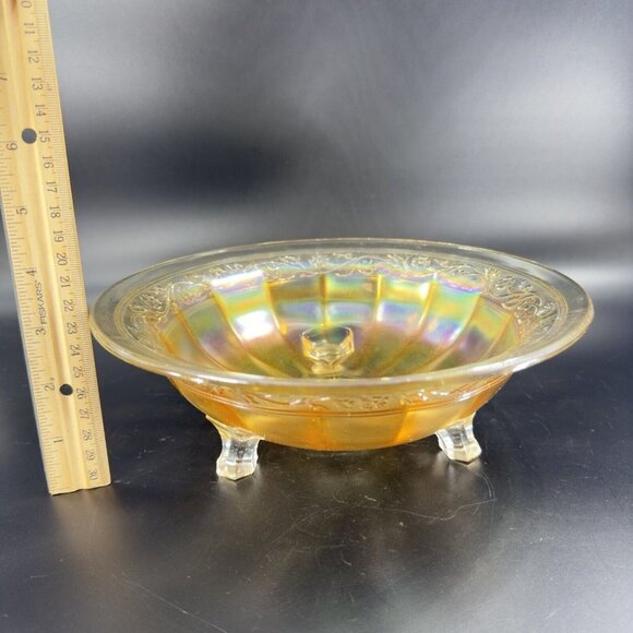 Vintage Marigold Carnival Glass Footed Dish Bowl Iridescent Finish Glass Decor - Picture 5 of 14